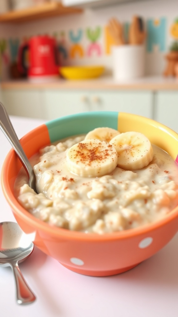 A colorful bowl of oatmeal for babies topped with banana and cinnamon, with a spoon on a bright kitchen table.